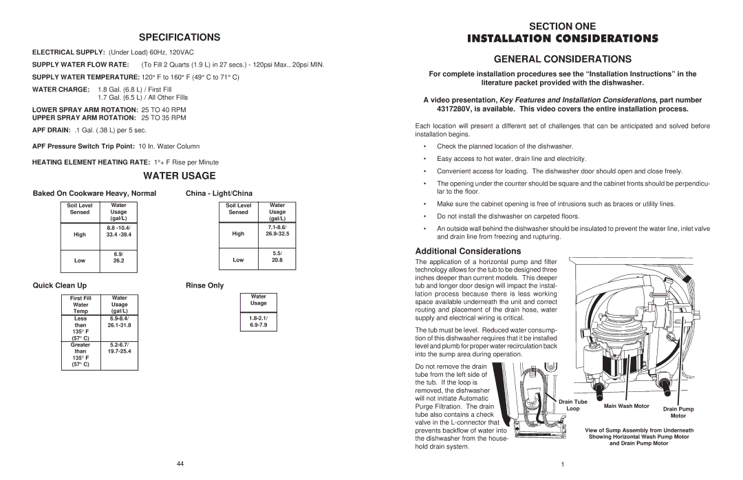 KitchenAid KAD-7, KUD01 manual Installation Considerations, Specifications, Water Usage, Section ONE, General Considerations 