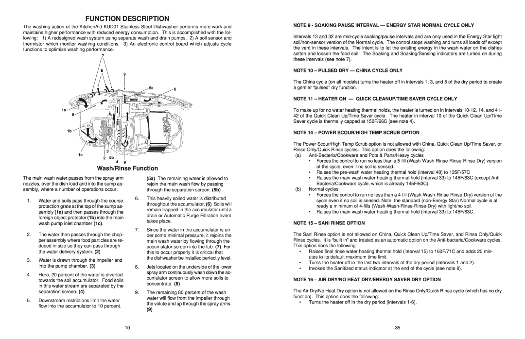 KitchenAid KUD01, KAD-7 manual Wash/Rinse Function, NOTE 9 - SOAKING PAUSE INTERVAL - ENERGY STAR NORMAL CYCLE ONLY 