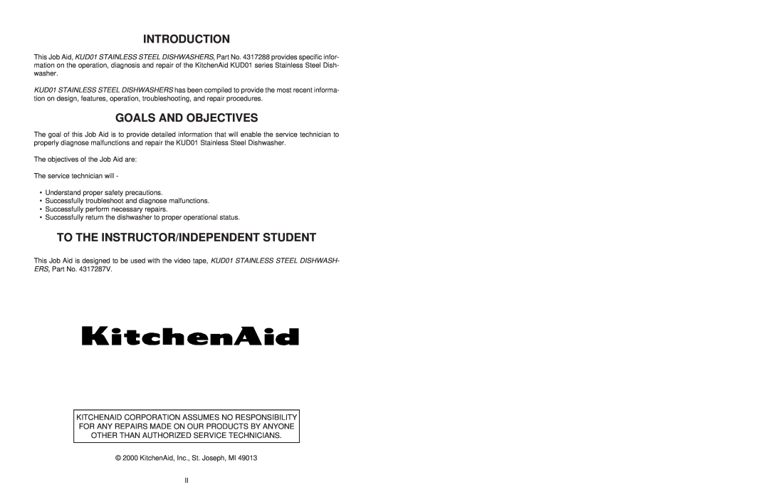 KitchenAid KUD01, KAD-7 manual Introduction, Goals And Objectives, To The Instructor/Independent Student 