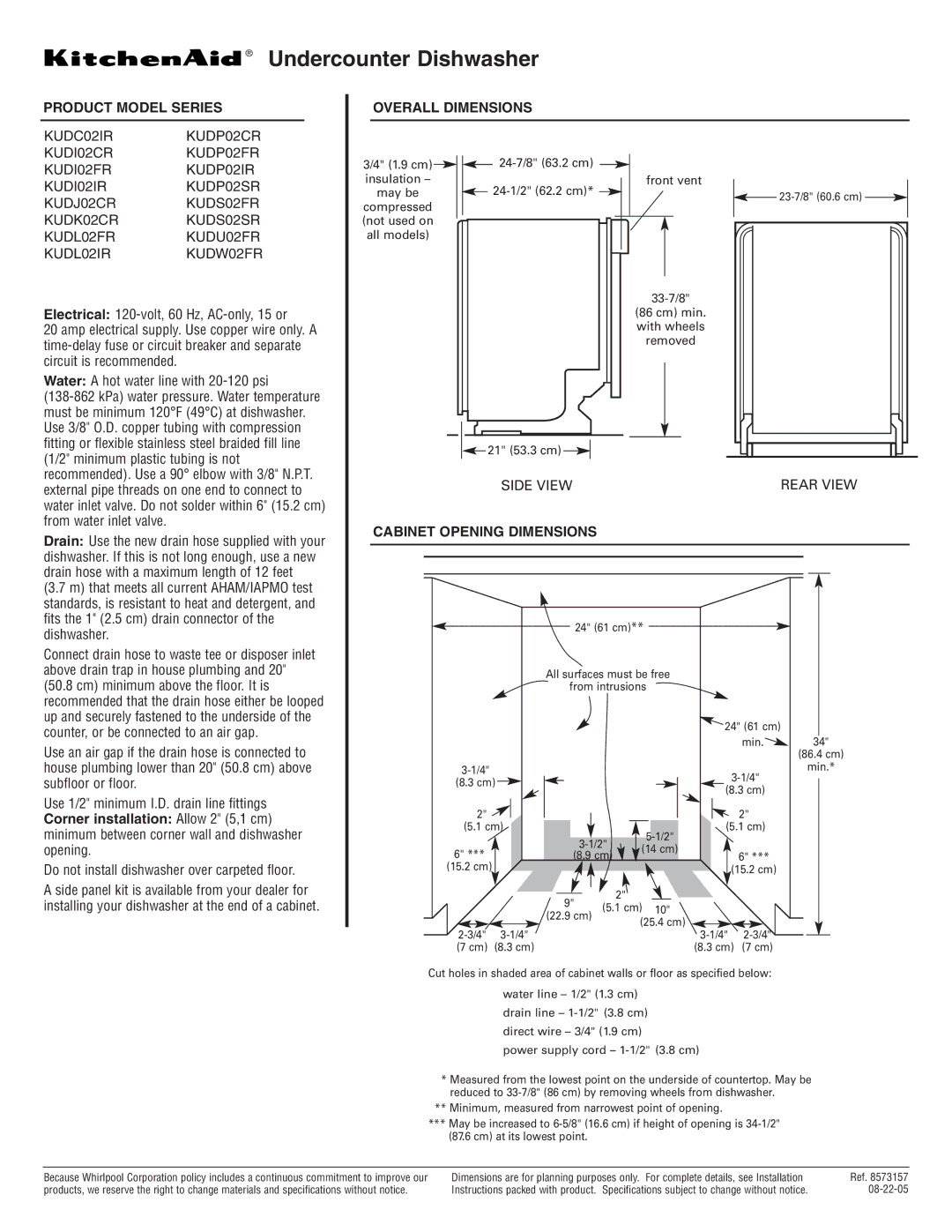 KitchenAid KUDC02IR dimensions Undercounter Dishwasher, Product Model Series, Overall Dimensions 