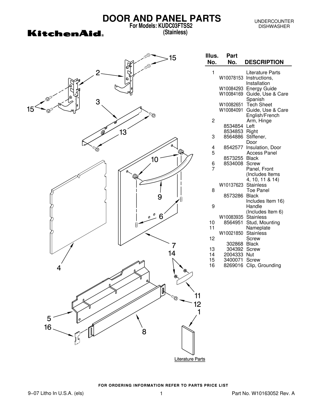 KitchenAid KUDC03FTSS manual Door and Panel Parts 