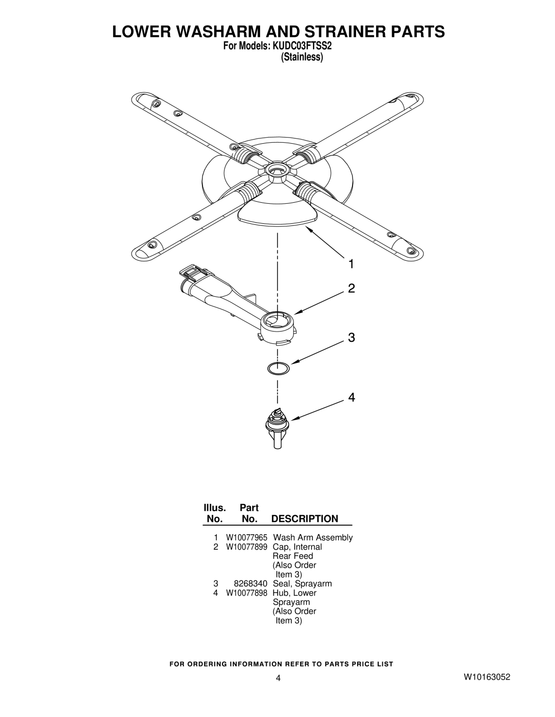 KitchenAid KUDC03FTSS manual Lower Washarm and Strainer Parts 