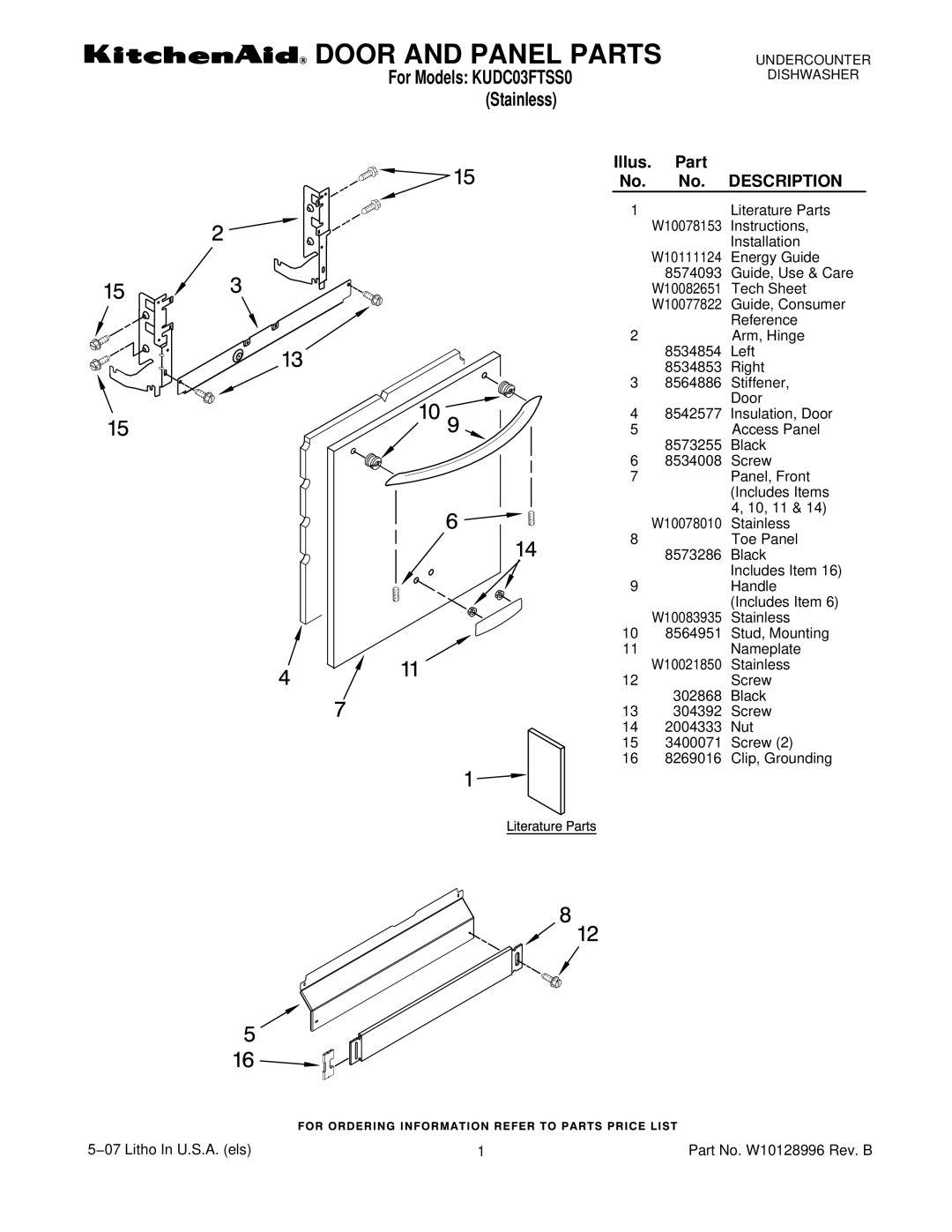 KitchenAid KUDC03FTSS0 manual Door and Panel Parts 