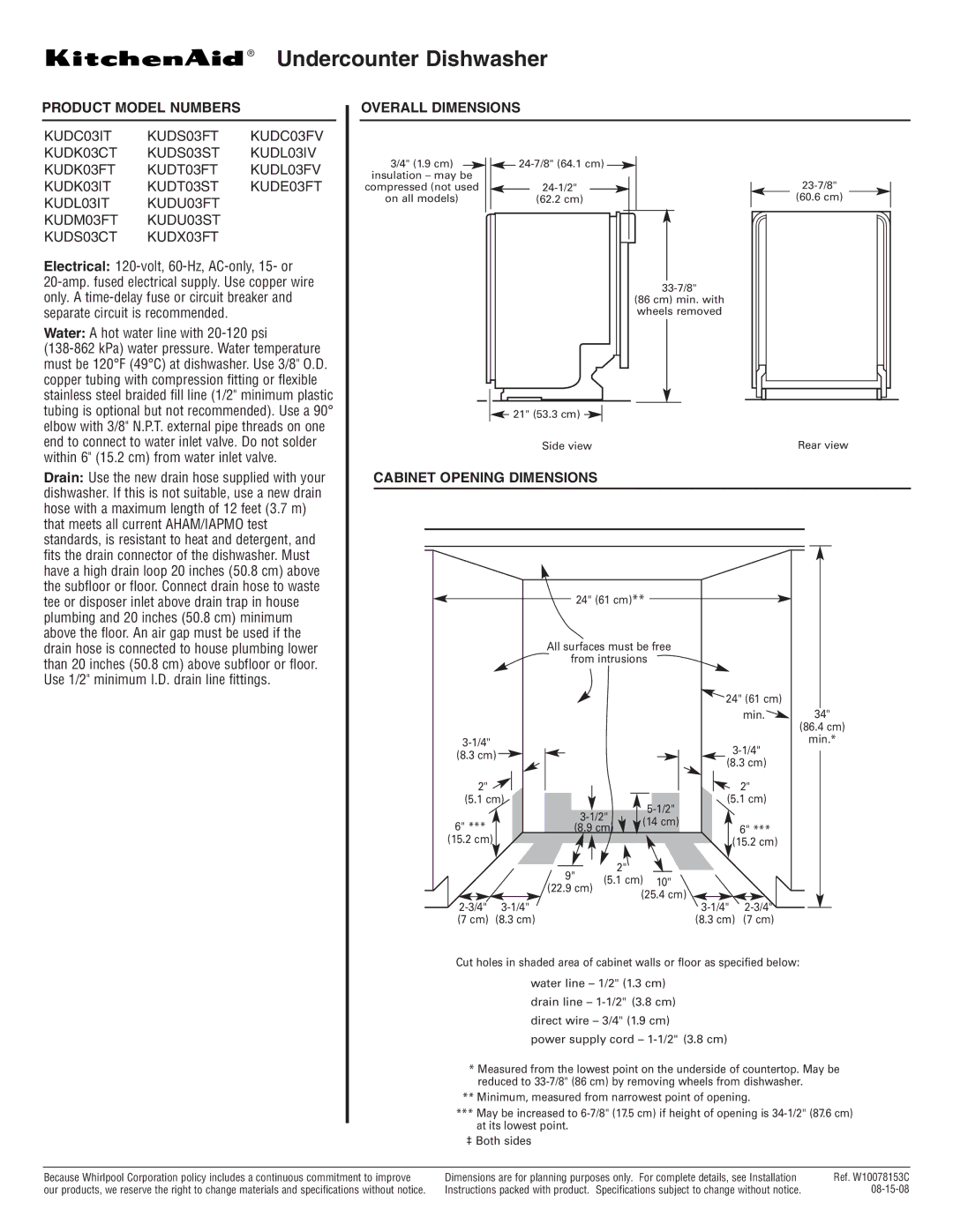 KitchenAid KUDK03CT, KUDC03IT, KUDM03FT dimensions Undercounter Dishwasher, Product Model Numbers Overall Dimensions 