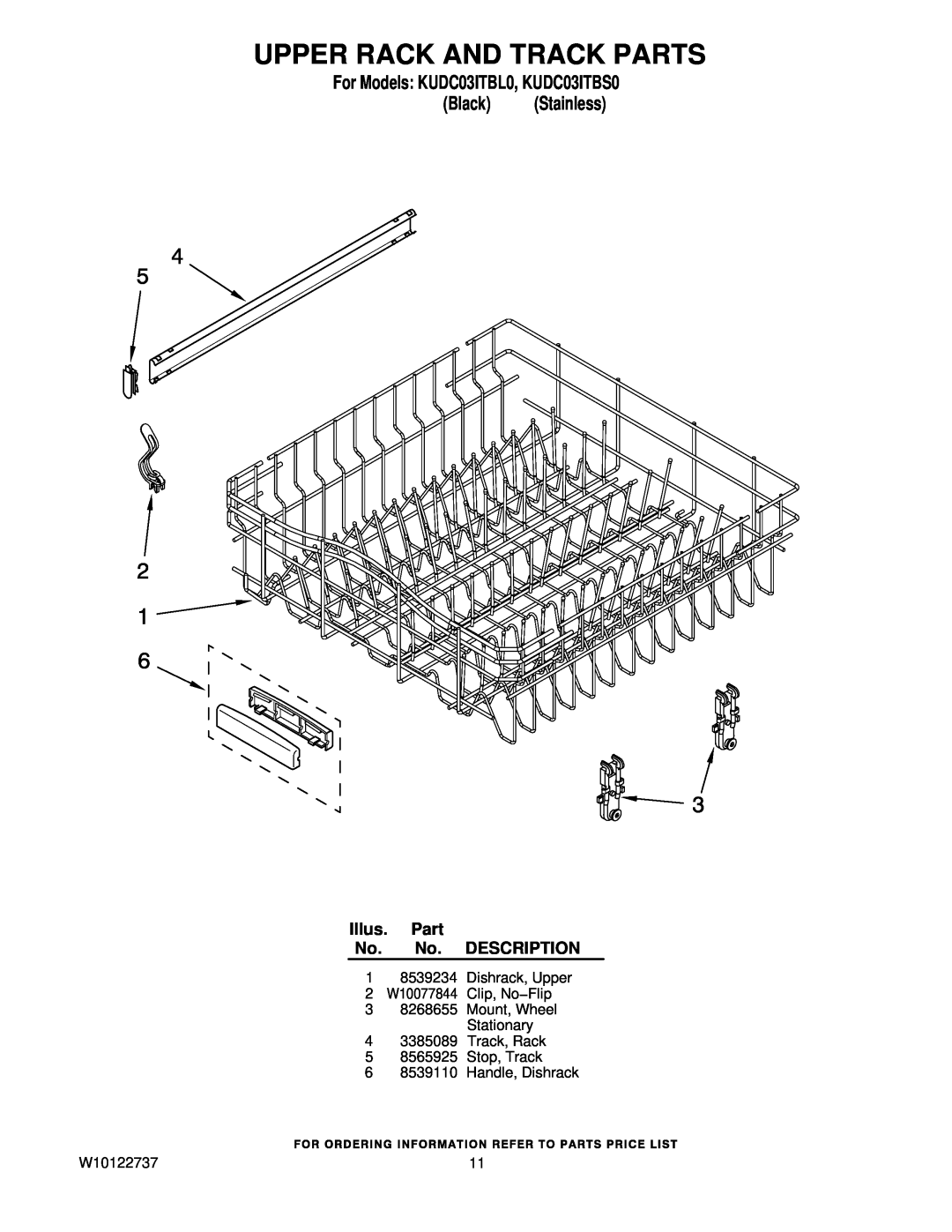 KitchenAid manual Upper Rack And Track Parts, For Models KUDC03ITBL0, KUDC03ITBS0 Black Stainless 
