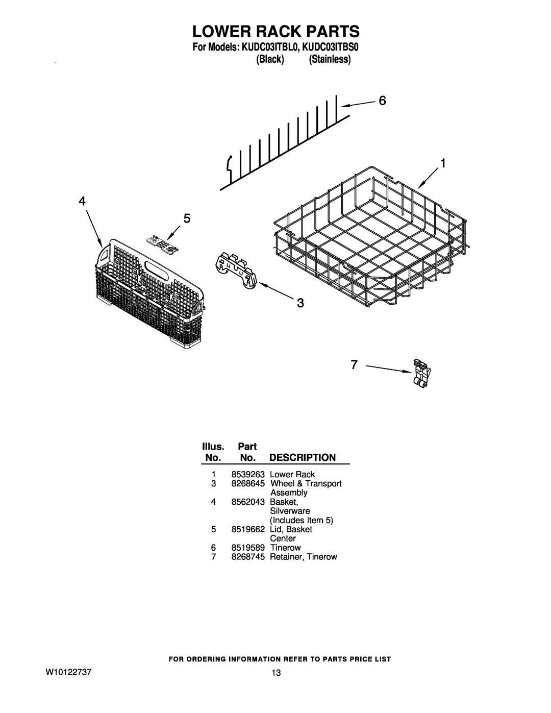 KitchenAid manual Lower Rack Parts, No. DESCRIPTION, For Models KUDC03ITBL0, KUDC03ITBS0 Black Stainless, Illus 