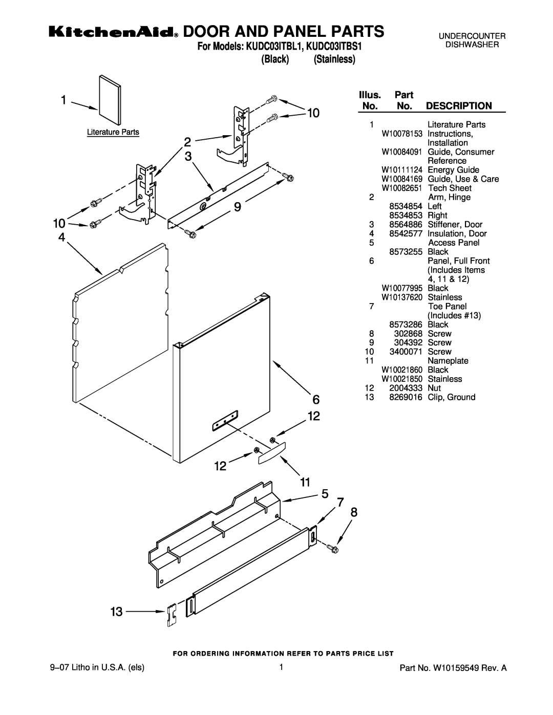 KitchenAid manual Door And Panel Parts, Black, Illus, Description, For Models KUDC03ITBL1, KUDC03ITBS1 
