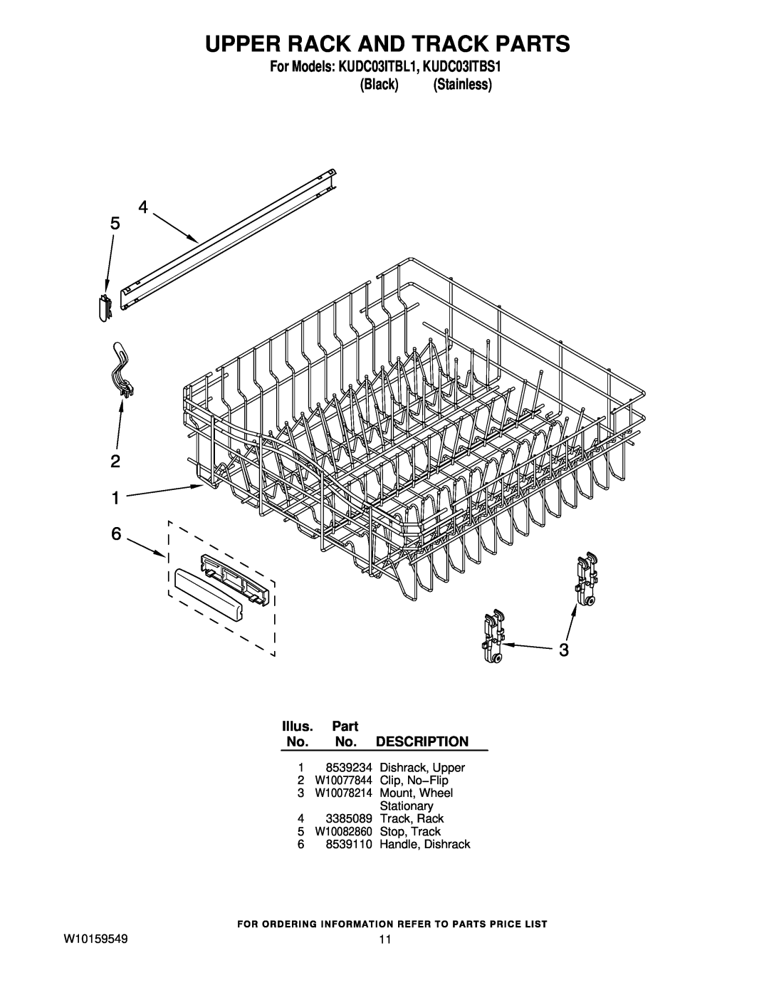 KitchenAid manual Upper Rack And Track Parts, For Models KUDC03ITBL1, KUDC03ITBS1 Black Stainless 