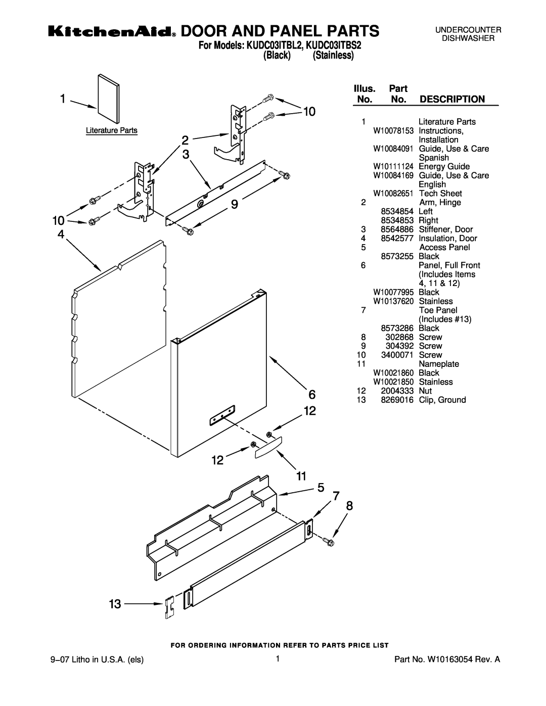 KitchenAid manual Door And Panel Parts, Black, Illus, Description, For Models KUDC03ITBL2, KUDC03ITBS2 