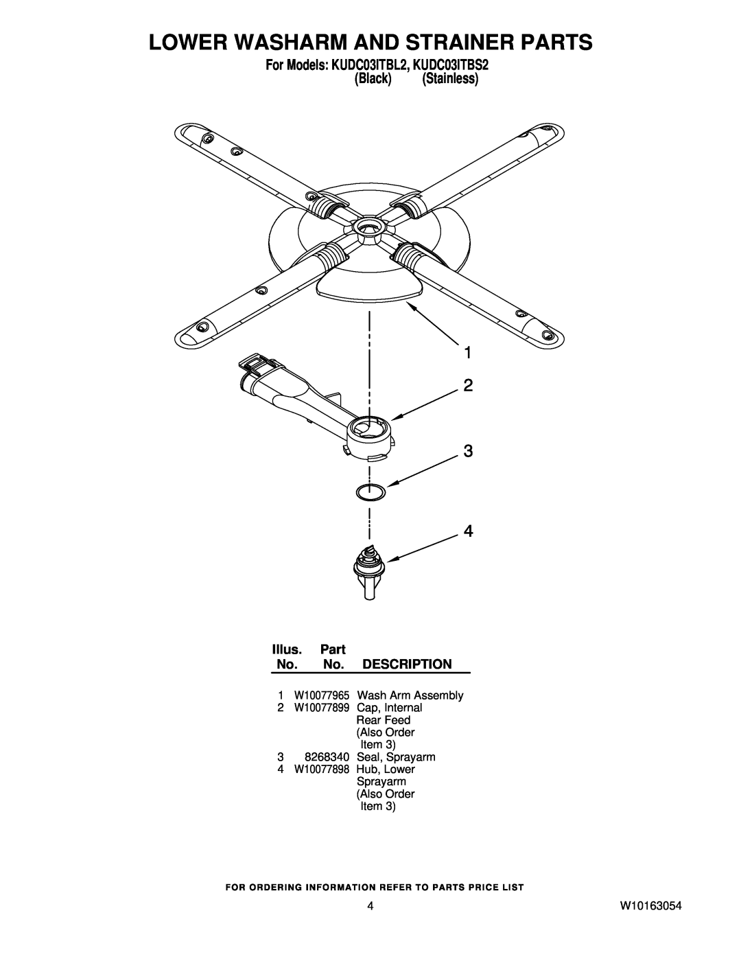 KitchenAid manual Lower Washarm And Strainer Parts, For Models KUDC03ITBL2, KUDC03ITBS2 Black Stainless, W10163054 