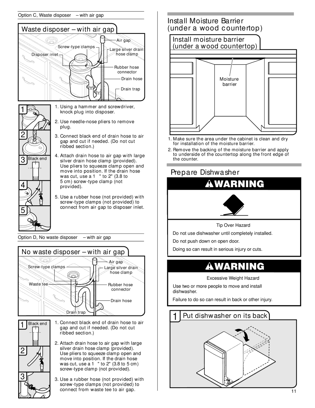 KitchenAid KUDS50FVPA, KUDC03IV, KUDE70FVPA, KUDE60FVPA Install Moisture Barrier under a wood countertop, Prepare Dishwasher 