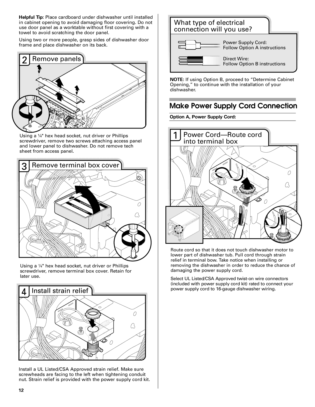 KitchenAid KUDC03IV, KUDE70FVPA, KUDE60FVPA Make Power Supply Cord Connection, Remove panels, Remove terminal box cover 