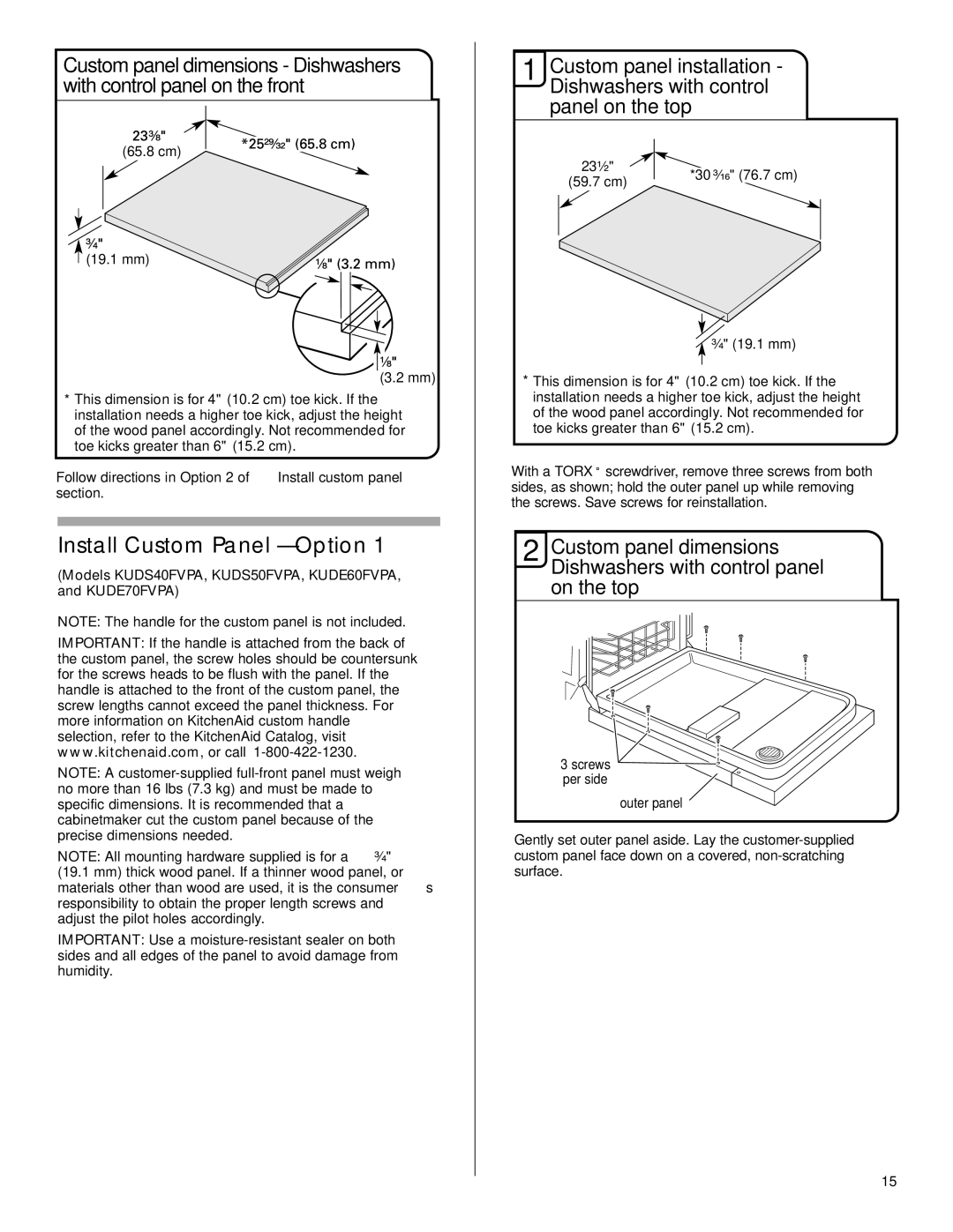 KitchenAid KUDC03IV, KUDS30IV Install Custom Panel Option, Models KUDS40FVPA, KUDS50FVPA, KUDE60FVPA, and KUDE70FVPA 