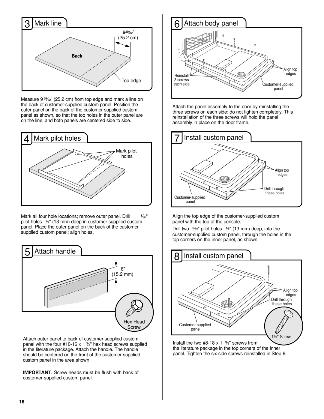 KitchenAid KUDS30IV, KUDC03IV Mark line, Mark pilot holes, Attach body panel, Install custom panel, Attach handle 