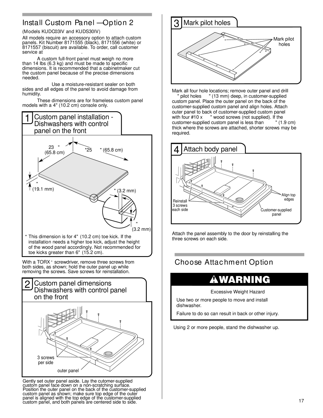 KitchenAid KUDS50FVPA, KUDE70FVPA, KUDE60FVPA, KUDS40FVPA Choose Attachment Option, Models KUDC03IV and KUDS30IV 