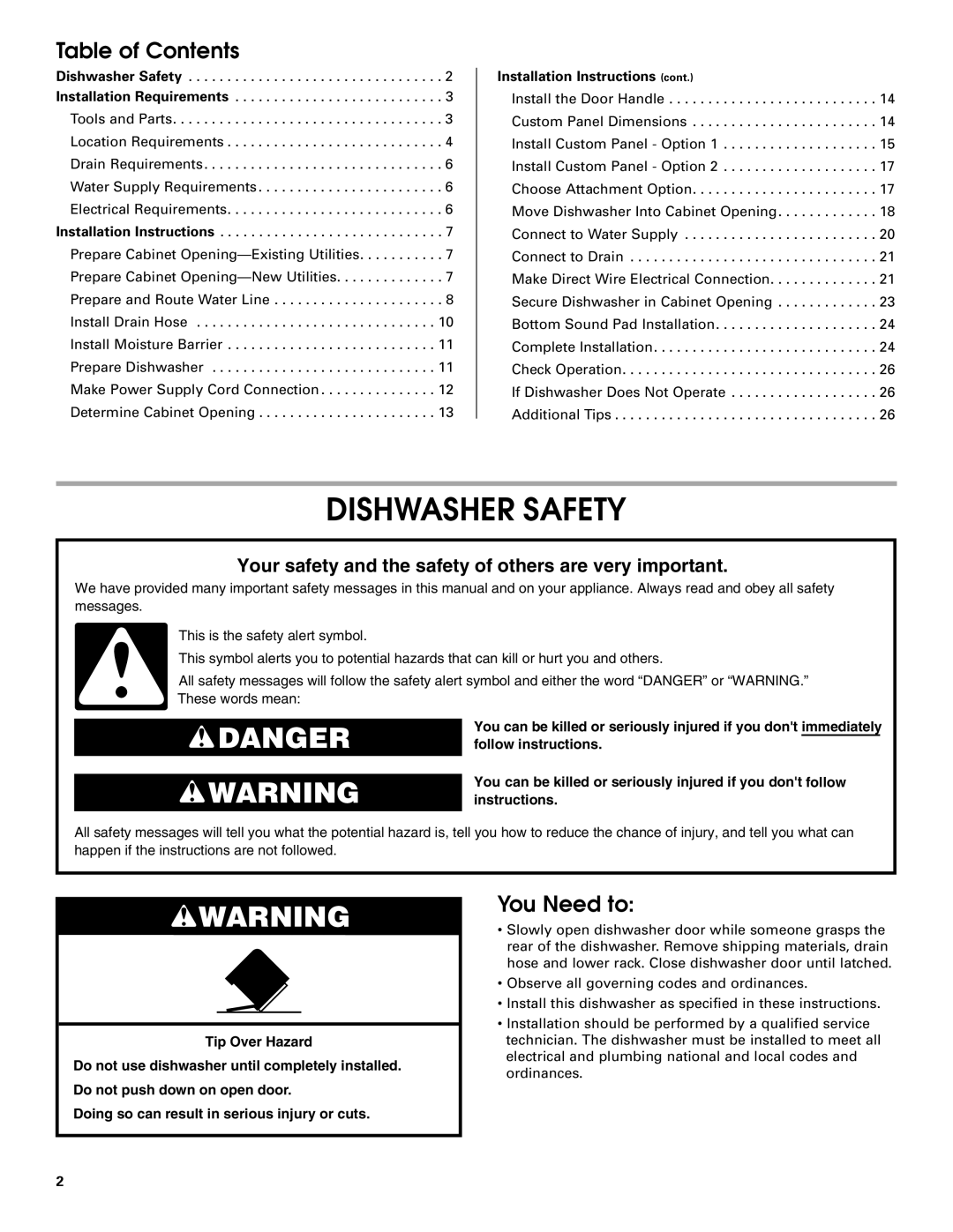 KitchenAid KUDE60FVPA, KUDC03IV, KUDE70FVPA, KUDS40FVPA, KUDS30IV, KUDS50FVPA Table of Contents, You Need to 