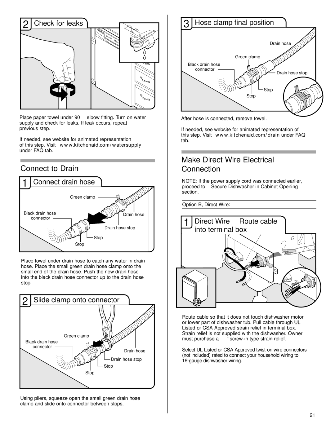 KitchenAid KUDS40FVPA Connect to Drain, Make Direct Wire Electrical Connection, Check for leaks Hose clamp final position 