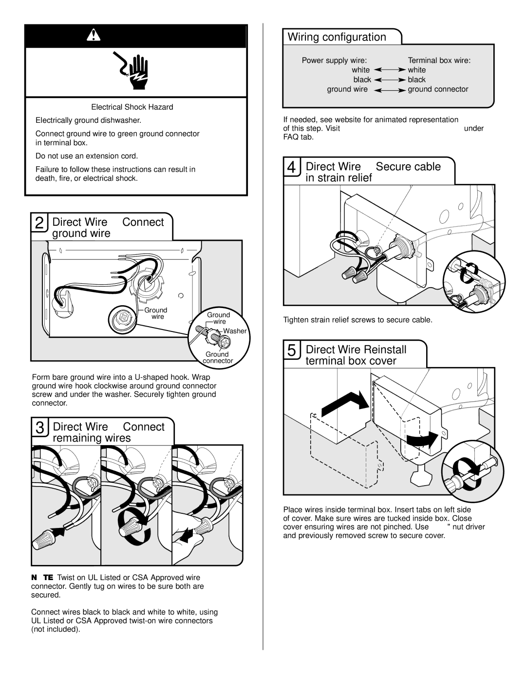 KitchenAid KUDS30IV, KUDC03IV, KUDE70FVPA, KUDE60FVPA Direct Wire-Connect ground wire, Direct Wire-Connect remaining wires 