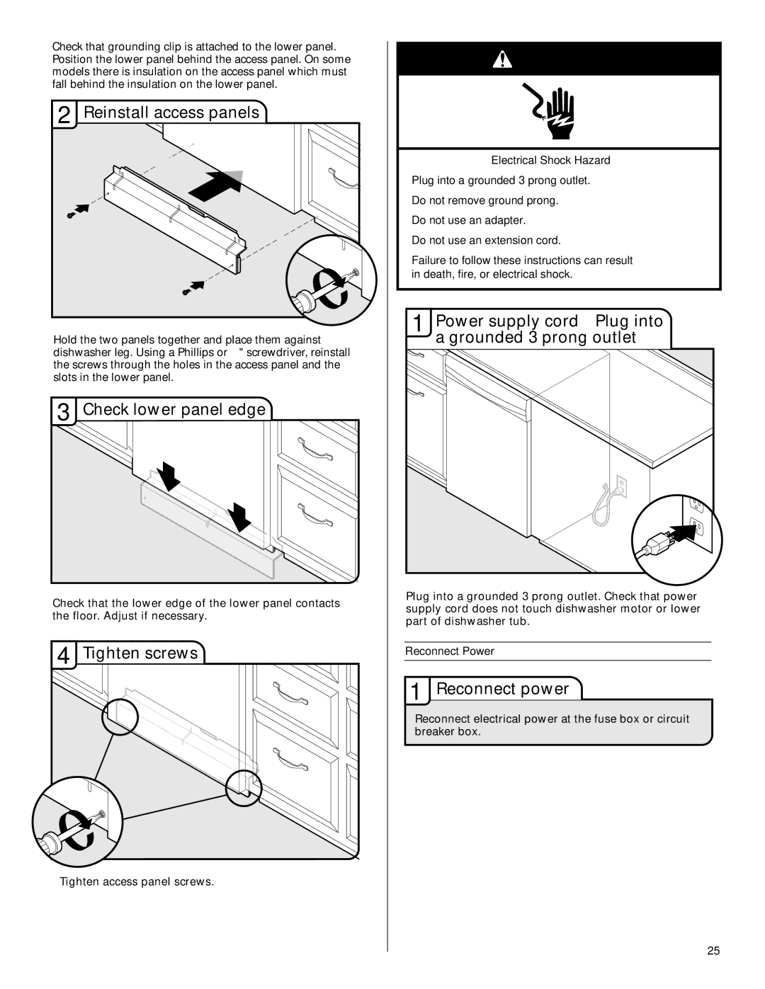 KitchenAid KUDE70FVPA Check lower panel edge, Tighten screws, Power supply cord-Plug into a grounded 3 prong outlet 