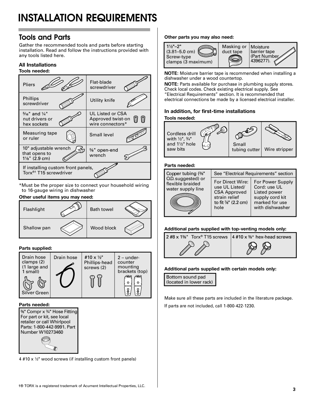 KitchenAid KUDS40FVPA, KUDC03IV, KUDE70FVPA, KUDE60FVPA, KUDS30IV, KUDS50FVPA installation instructions Tools and Parts 