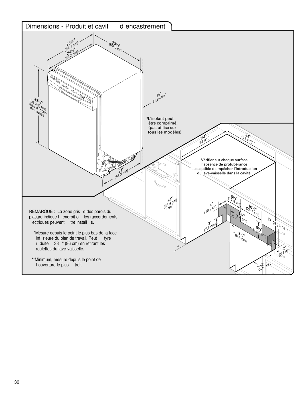 KitchenAid KUDC03IV, KUDE70FVPA, KUDE60FVPA, KUDS40FVPA, KUDS30IV Dimensions Produit et cavité d’encastrement, 60,6 