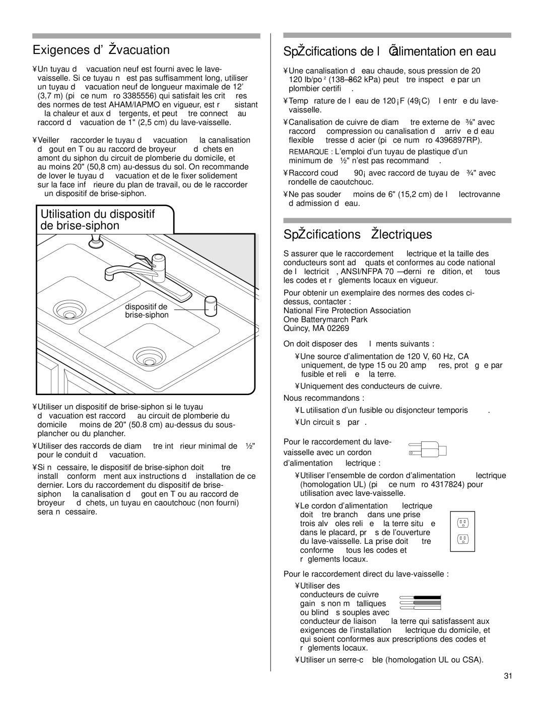 KitchenAid KUDE70FVPA, KUDC03IV Exigences dévacuation, Spécifications de l’alimentation en eau, Spécifications électriques 