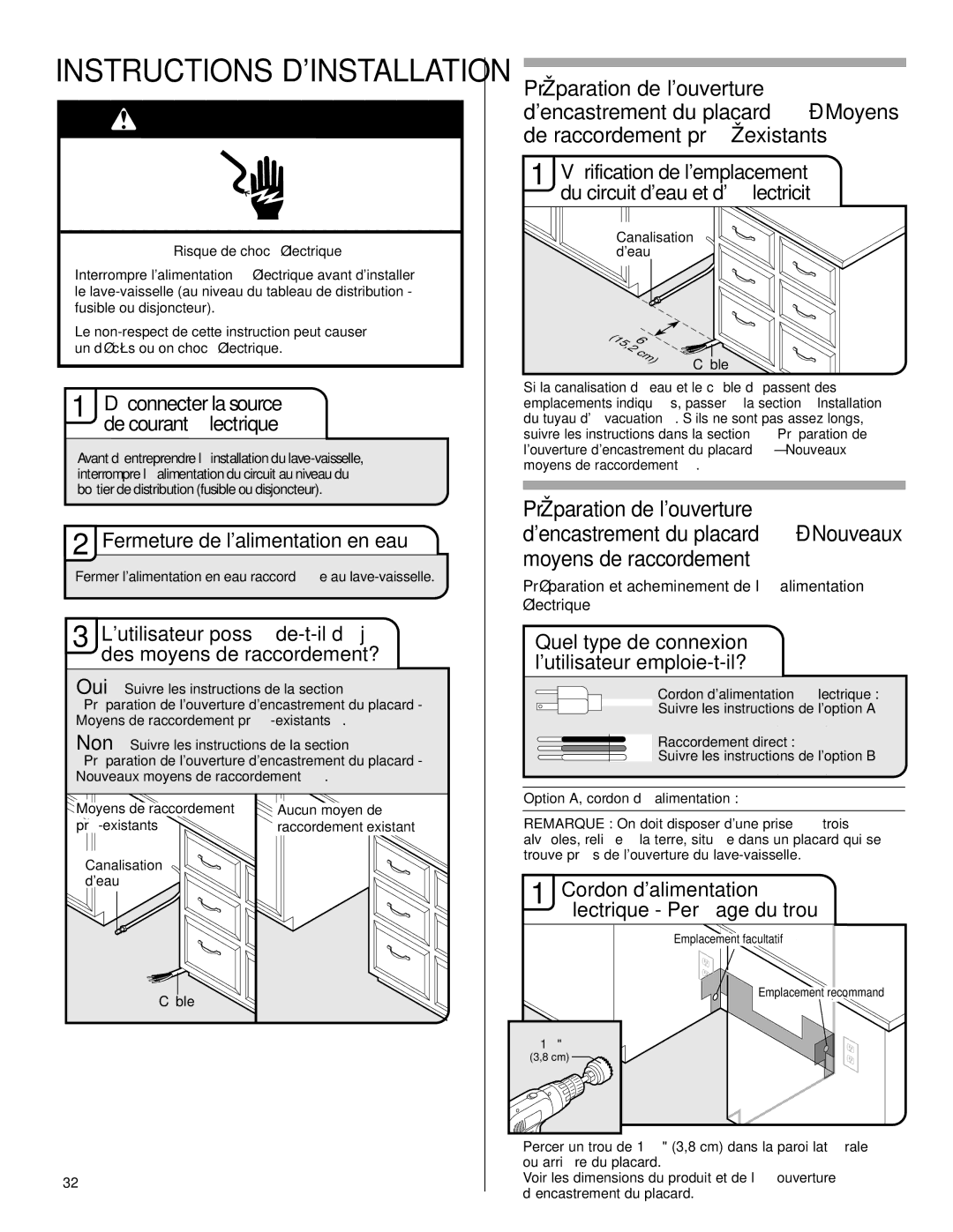 KitchenAid KUDE60FVPA, KUDC03IV, KUDE70FVPA Déconnecter la source de courant électrique, Fermeture de lalimentation en eau 