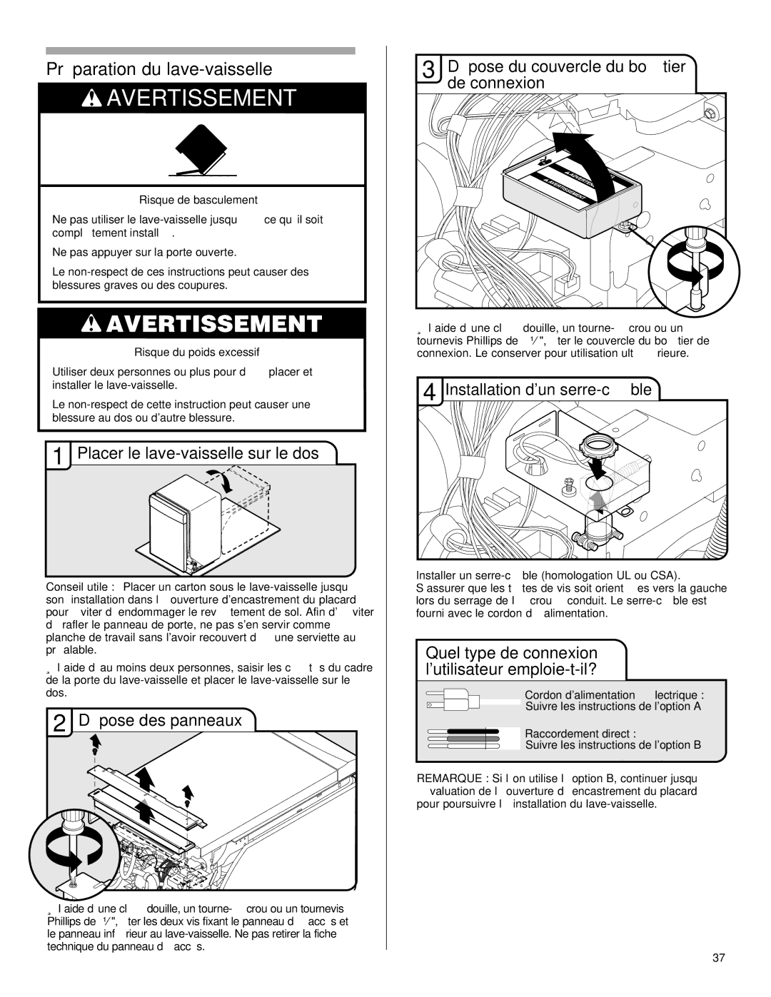 KitchenAid KUDE70FVPA, KUDC03IV Préparation du lave-vaisselle, Placer le lave-vaisselle sur le dos, Dépose des panneaux 