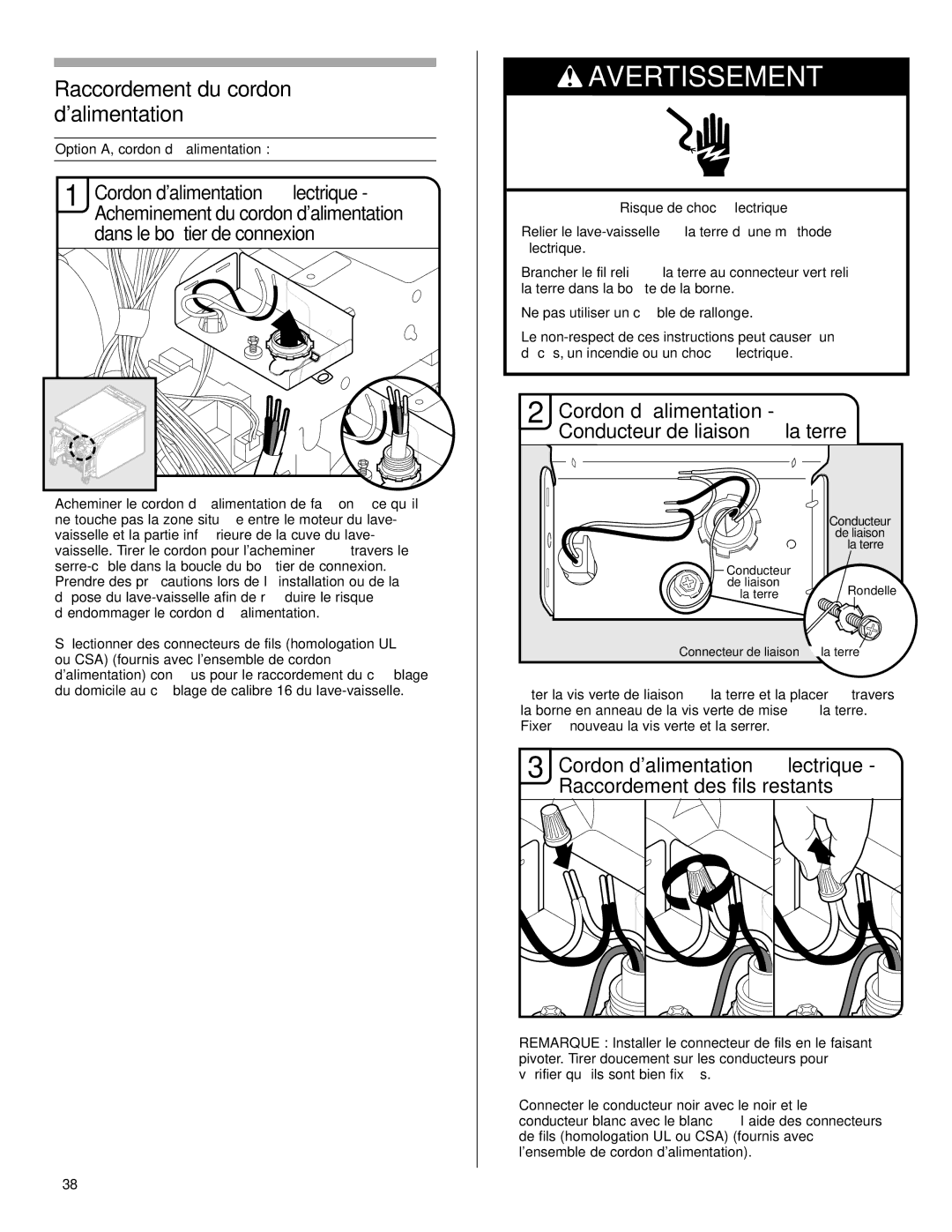 KitchenAid KUDE60FVPA Raccordement du cordon dalimentation, Cordon d’alimentation Conducteur de liaison à la terre 