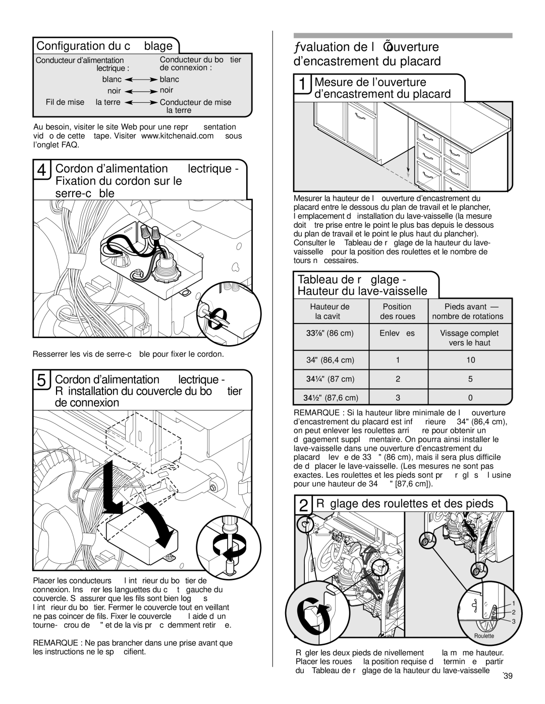 KitchenAid KUDS40FVPA, KUDC03IV, KUDE70FVPA Évaluation de l’ouverture dencastrement du placard, Configuration du câblage 