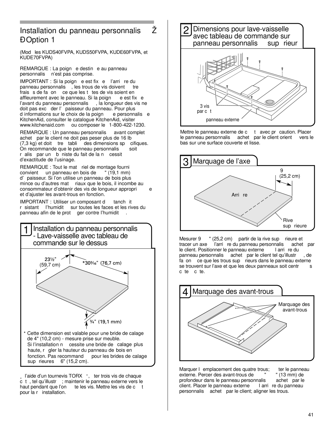 KitchenAid KUDS50FVPA Installation du panneau personnalisé Option, Marquage de laxe, Marquage des avant-trous, Arrière 