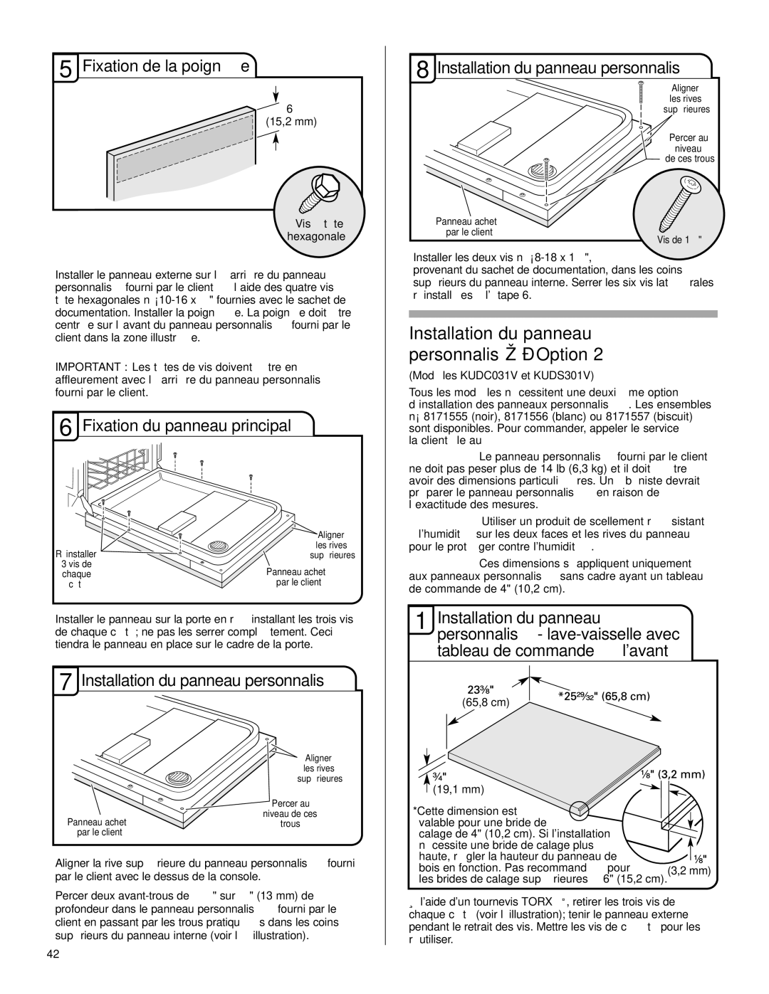 KitchenAid KUDC03IV, KUDS30IV Fixation de la poignée, Fixation du panneau principal, Installation du panneau personnalisé 