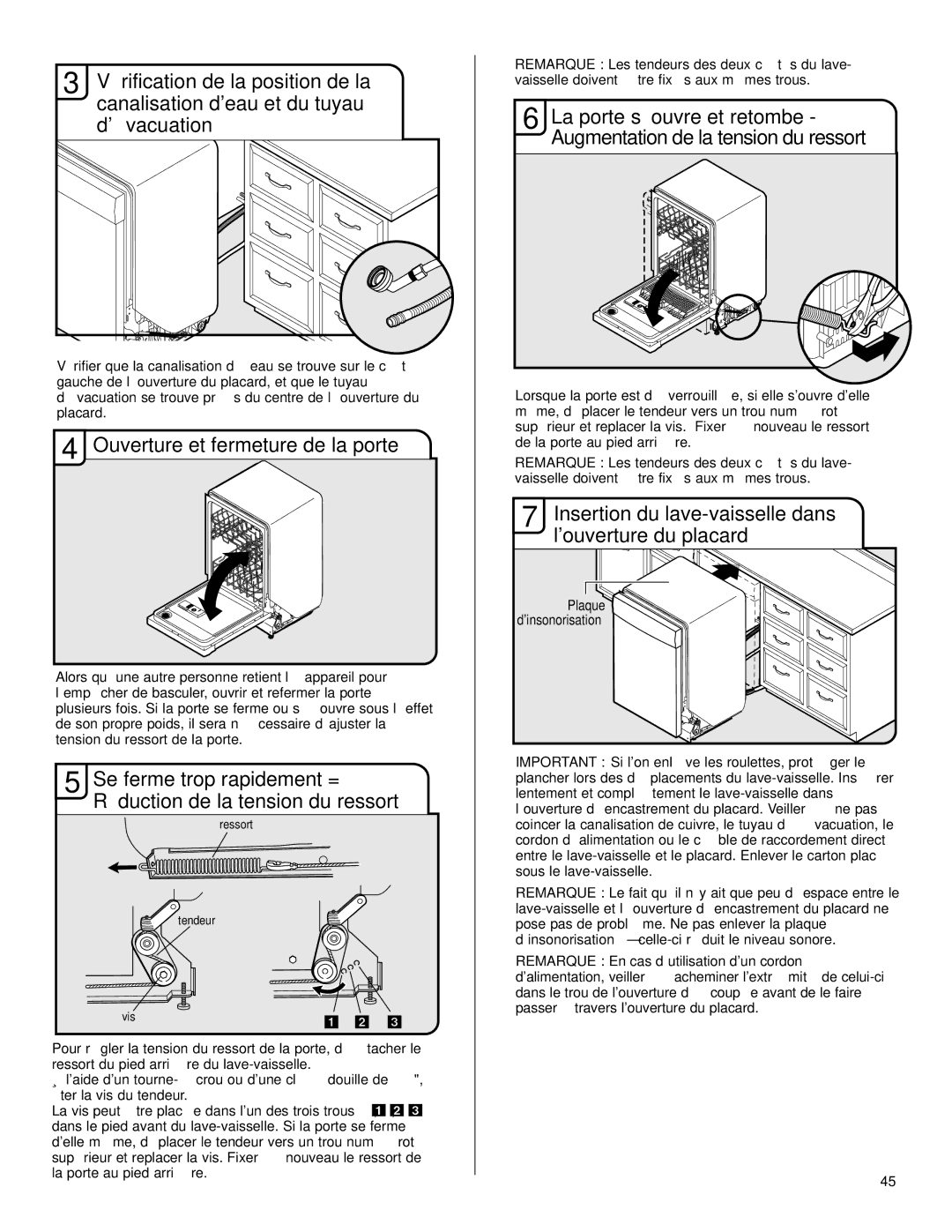 KitchenAid KUDS40FVPA, KUDC03IV Ouverture et fermeture de la porte, Insertion du lave-vaisselle dans louverture du placard 