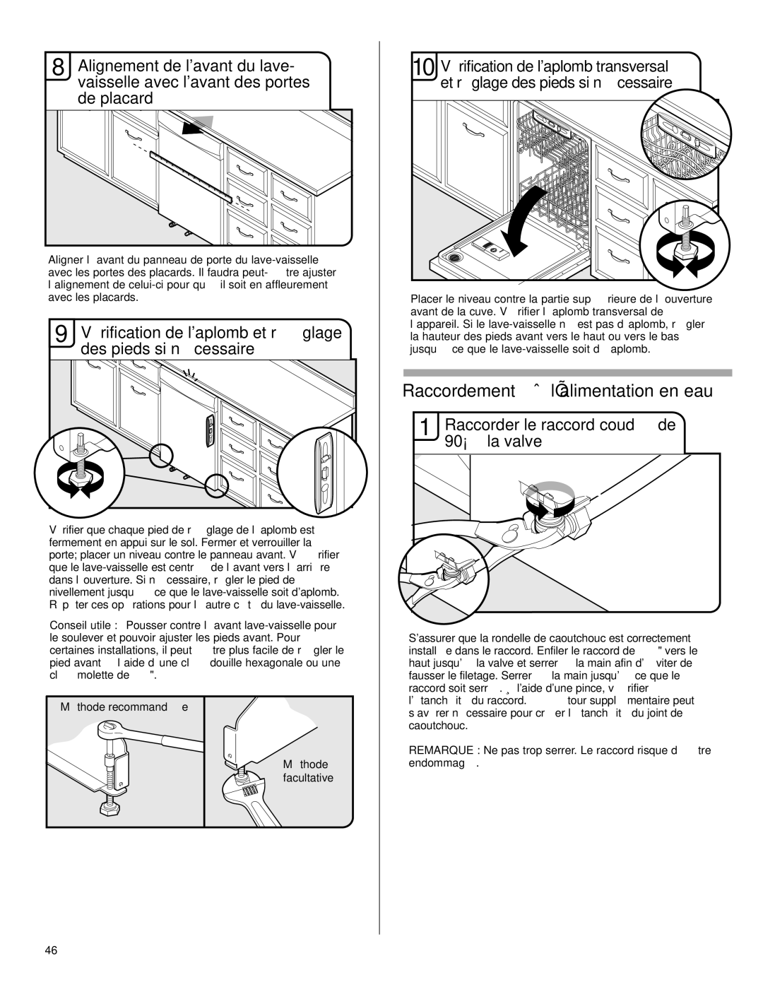 KitchenAid KUDS30IV Raccordement à l’alimentation en eau, Vérification de laplomb et réglage des pieds si nécessaire 