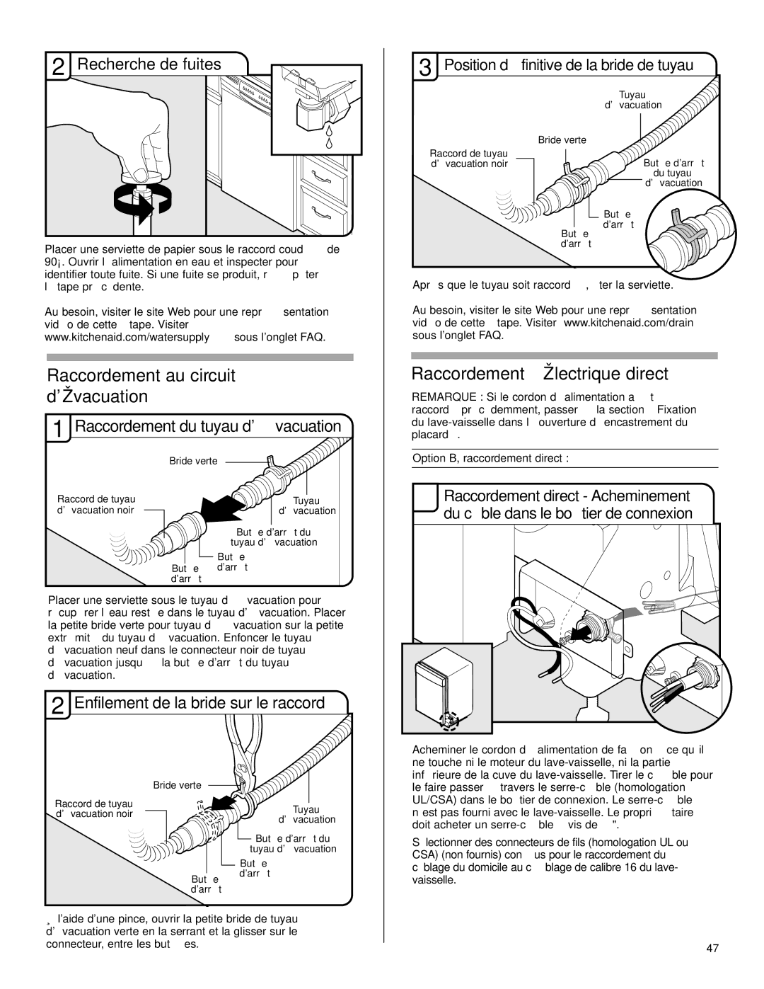 KitchenAid KUDS50FVPA, KUDC03IV, KUDE70FVPA, KUDE60FVPA Raccordement au circuit dévacuation, Raccordement électrique direct 