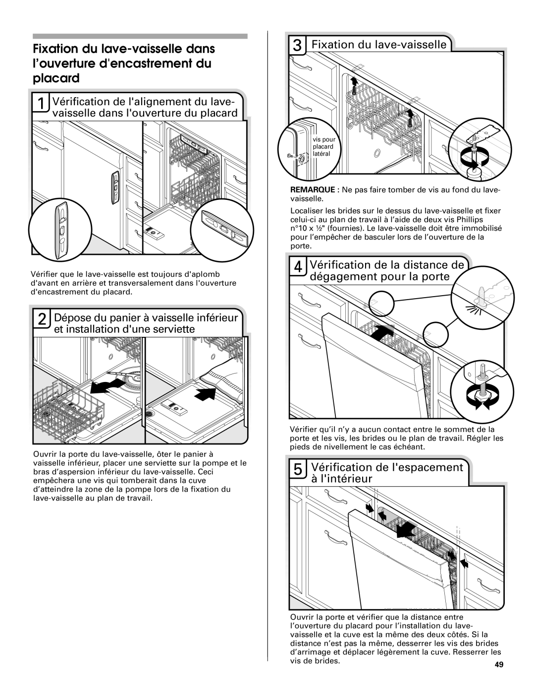 KitchenAid KUDE70FVPA, KUDC03IV Fixation du lave-vaisselle, Vérification de la distance de dégagement pour la porte 