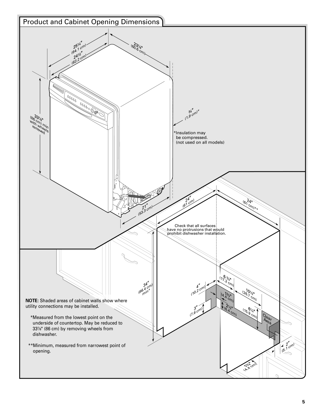 KitchenAid KUDS50FVPA Product and Cabinet Opening Dimensions, Insulation may be compressed Not used on all models 