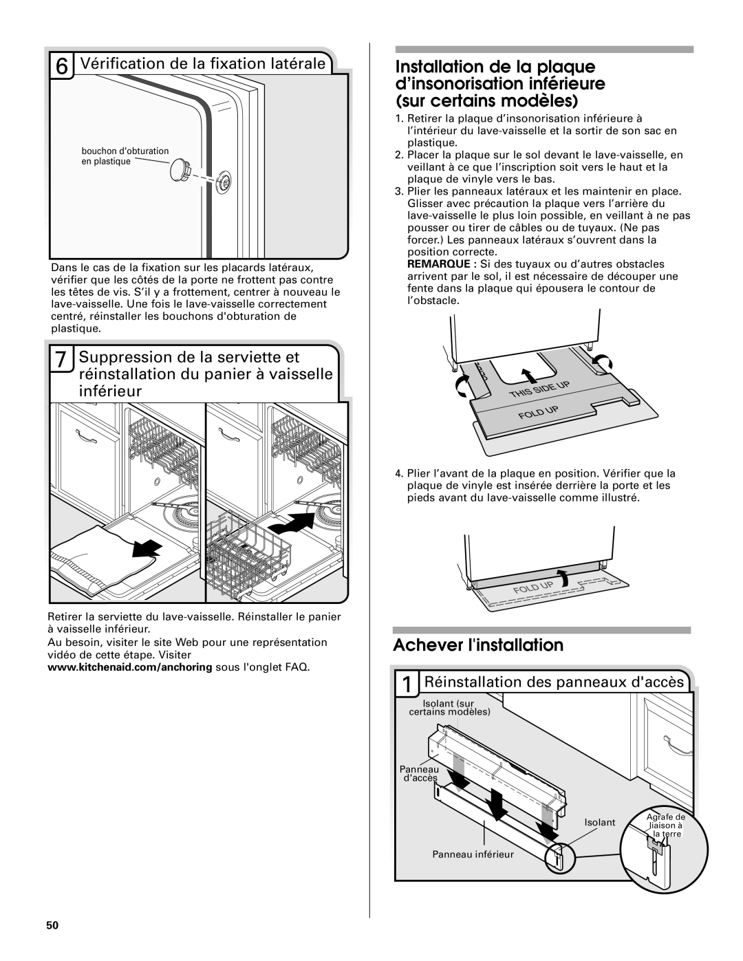 KitchenAid KUDE60FVPA Achever linstallation, Vérification de la fixation latérale, Réinstallation des panneaux daccès 