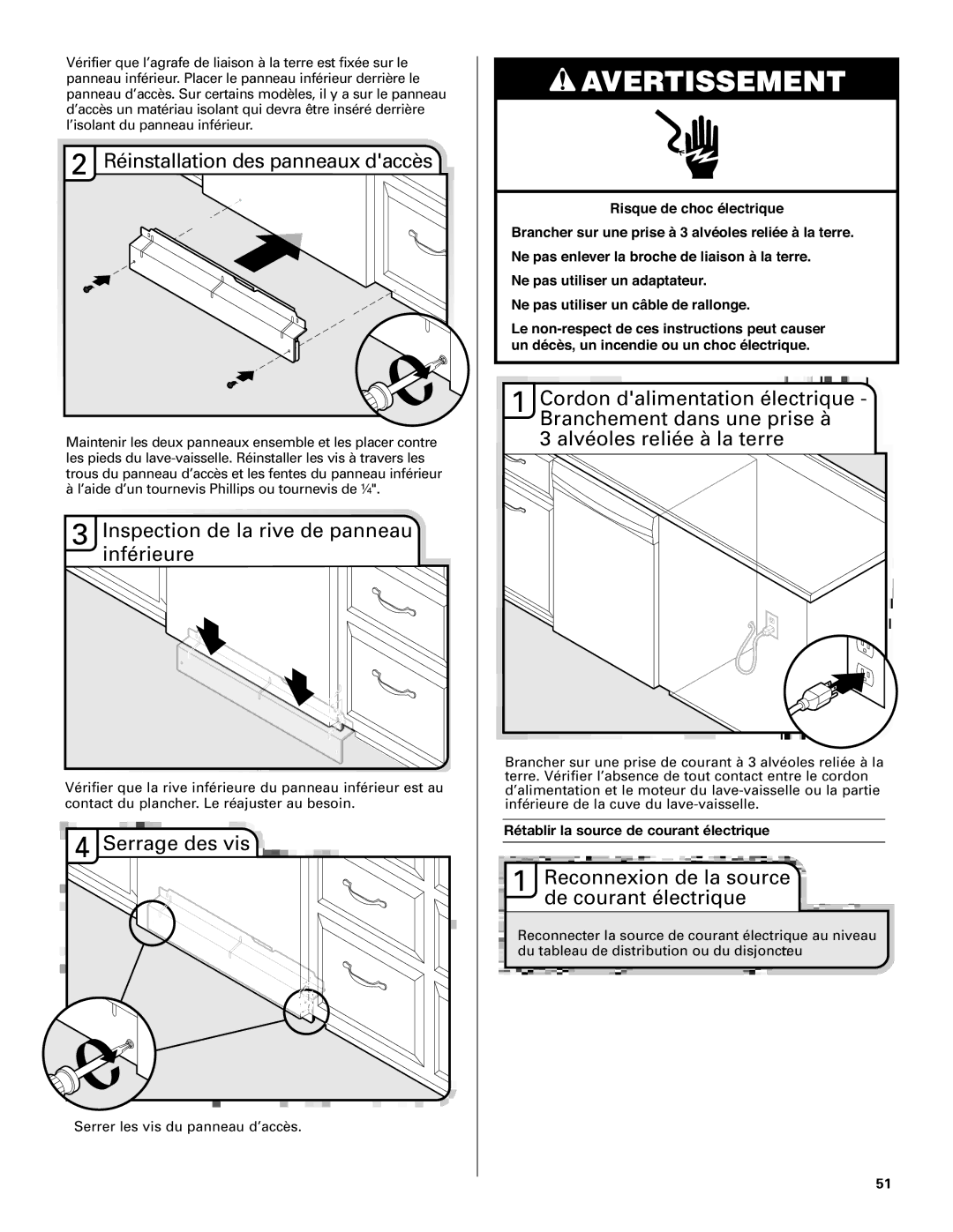 KitchenAid KUDS40FVPA, KUDC03IV, KUDE70FVPA, KUDE60FVPA Inspection de la rive de panneau inférieure, Serrage des vis 