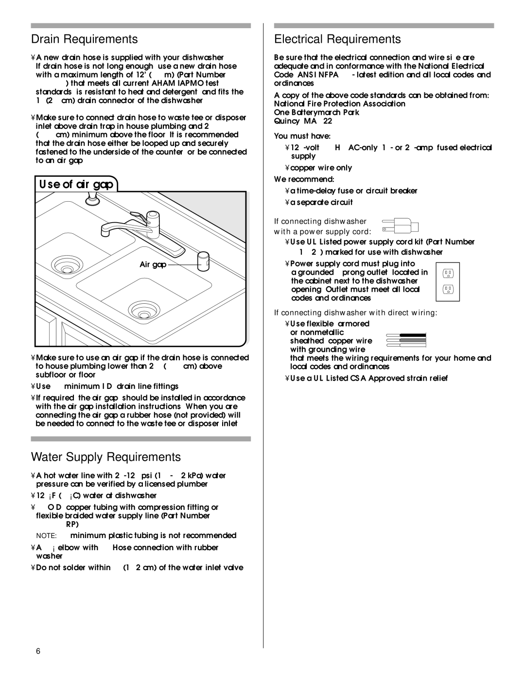 KitchenAid KUDC03IV, KUDE70FVPA Drain Requirements, Water Supply Requirements, Electrical Requirements, Use of air gap 