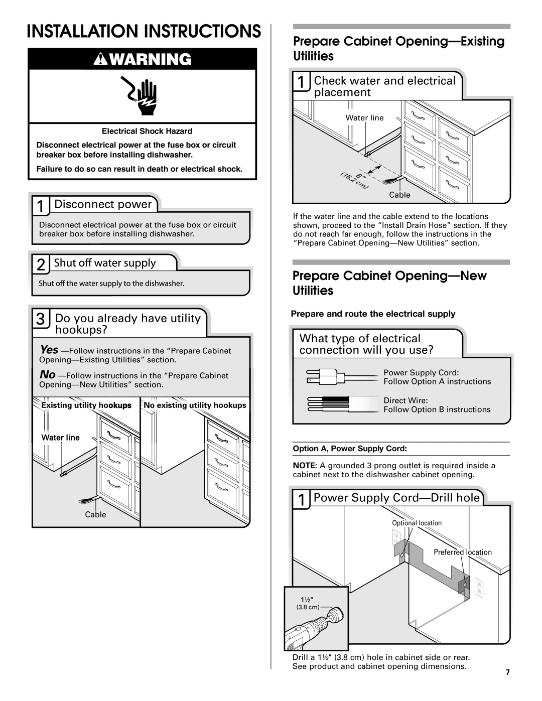 KitchenAid KUDE70FVPA, KUDC03IV, KUDS30IV Prepare Cabinet Opening-Existing Utilities, Prepare Cabinet Opening-New Utilities 