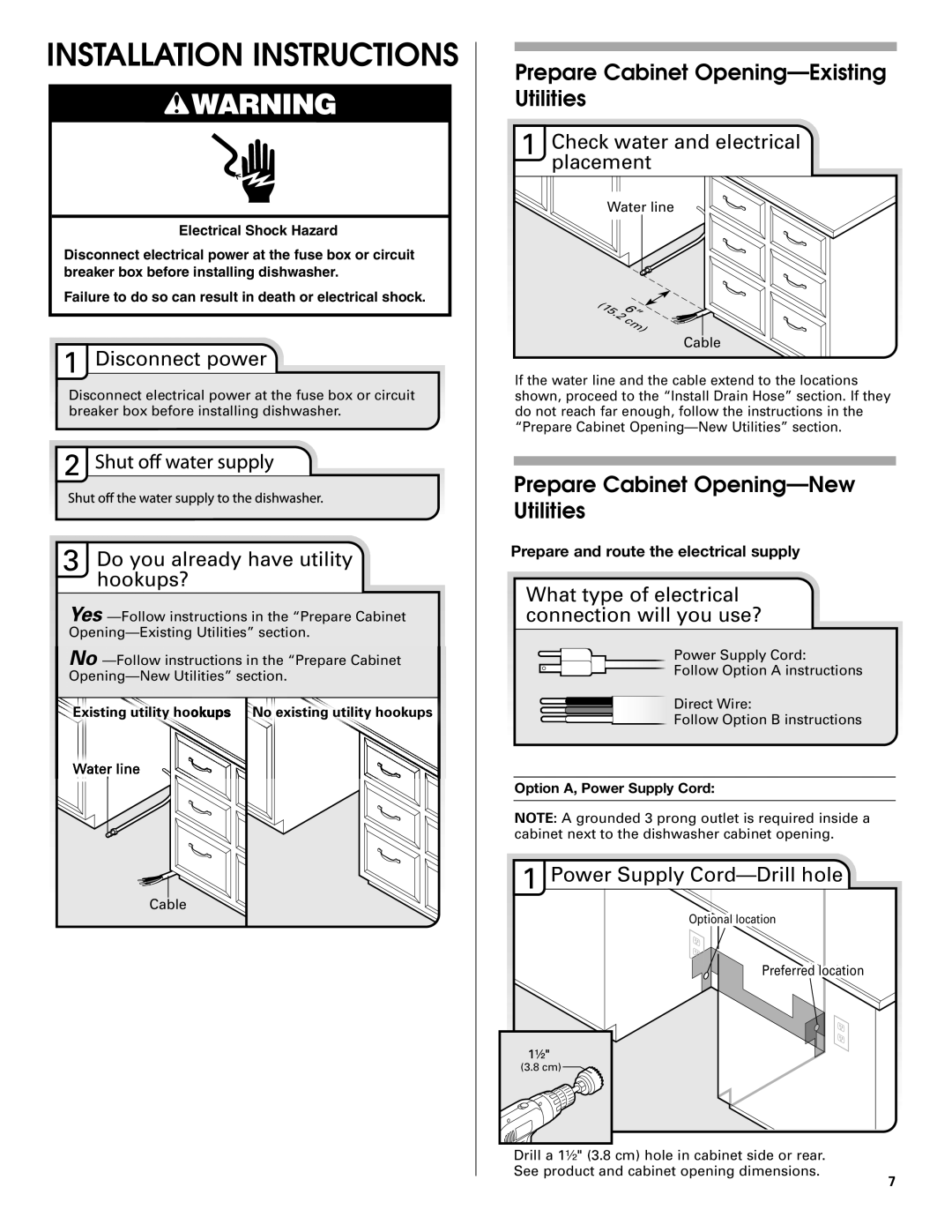 KitchenAid KUDE70FVPA Installation Instructions, Prepare Cabinet Opening-Existing Utilities, Disconnect power, Water line 