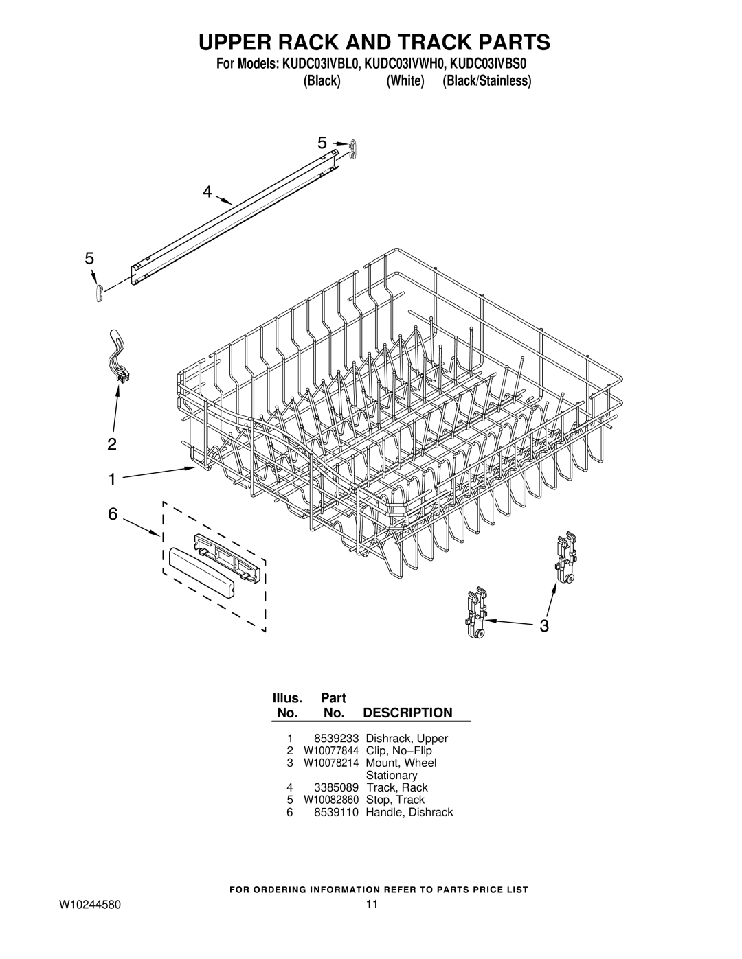 KitchenAid KUDC03IVWH0, KUDC03IVBS0, KUDC03IVBL0 manual Upper Rack and Track Parts 