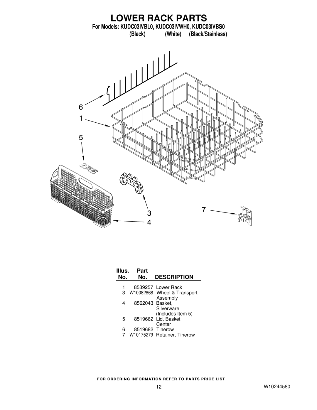 KitchenAid KUDC03IVBS0, KUDC03IVBL0, KUDC03IVWH0 manual Lower Rack Parts, Illus Part No. Description 