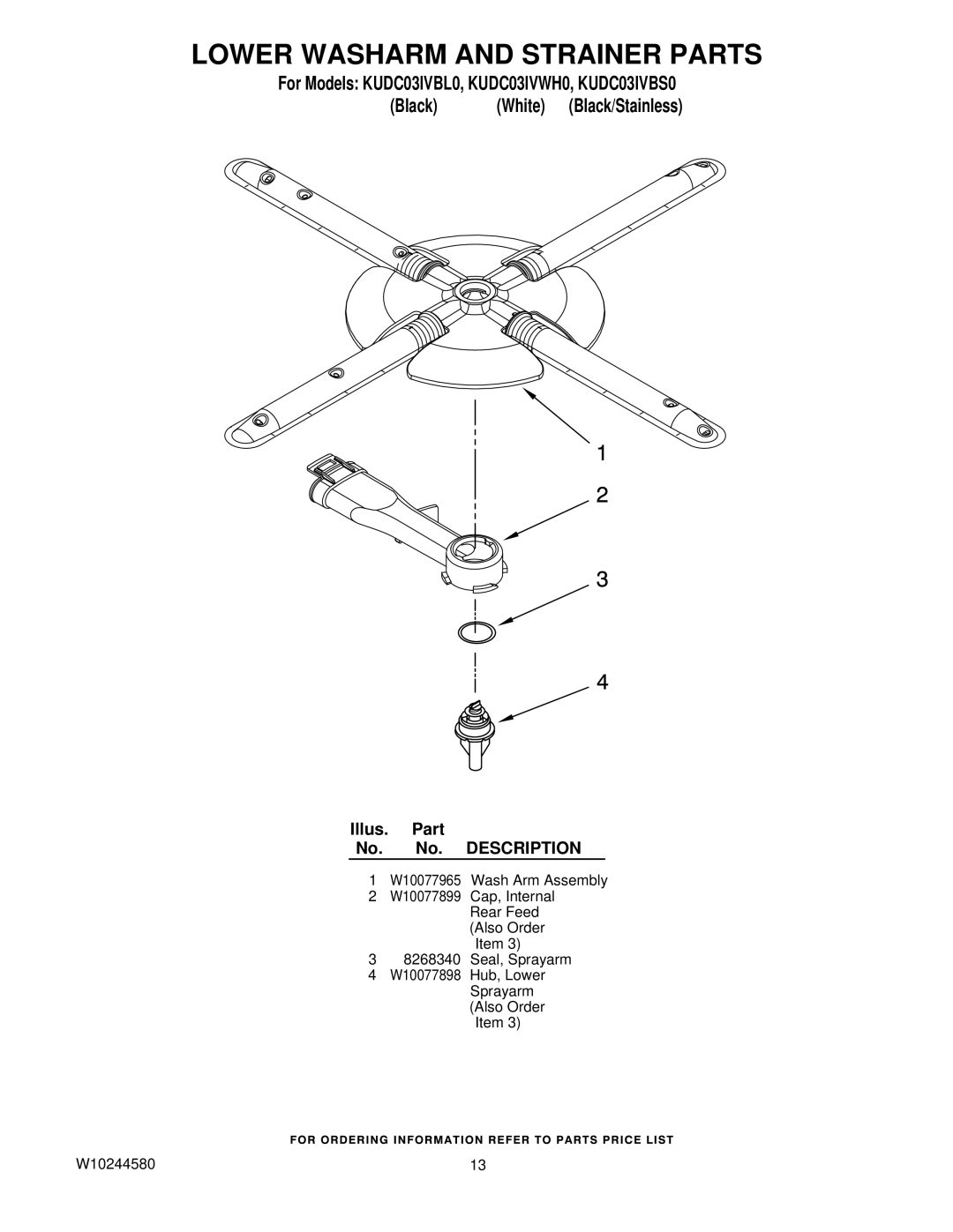 KitchenAid KUDC03IVBL0, KUDC03IVBS0, KUDC03IVWH0 manual Lower Washarm and Strainer Parts 