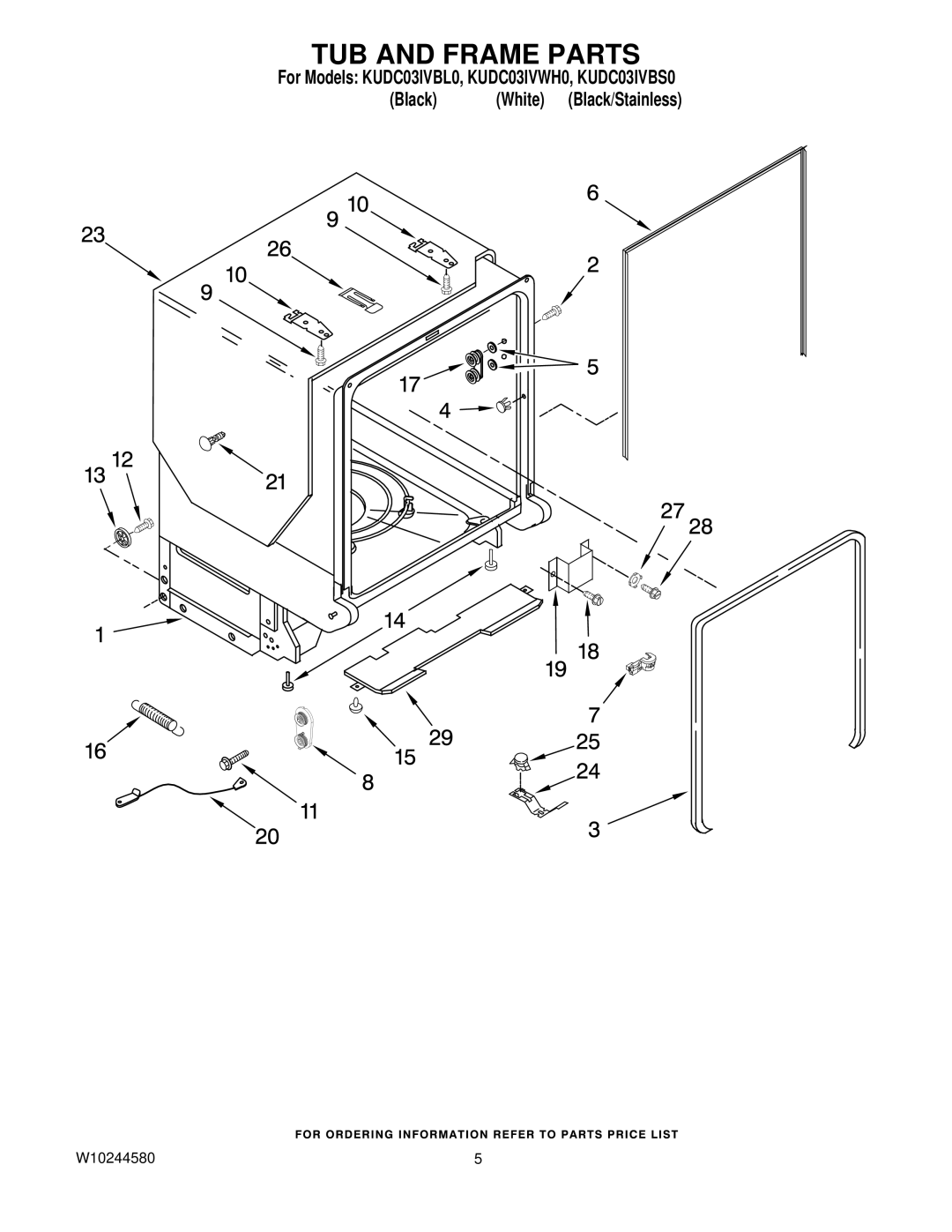 KitchenAid KUDC03IVWH0, KUDC03IVBS0, KUDC03IVBL0 manual TUB and Frame Parts 