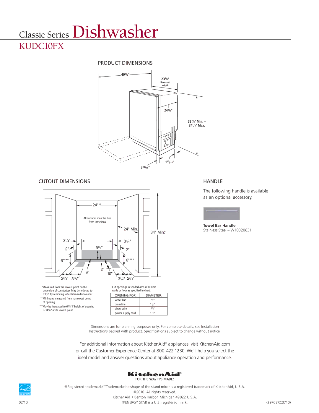 KitchenAid KUDC10FXSS manual Min, 4 3 1 4 2 3, Towel Bar Handle 