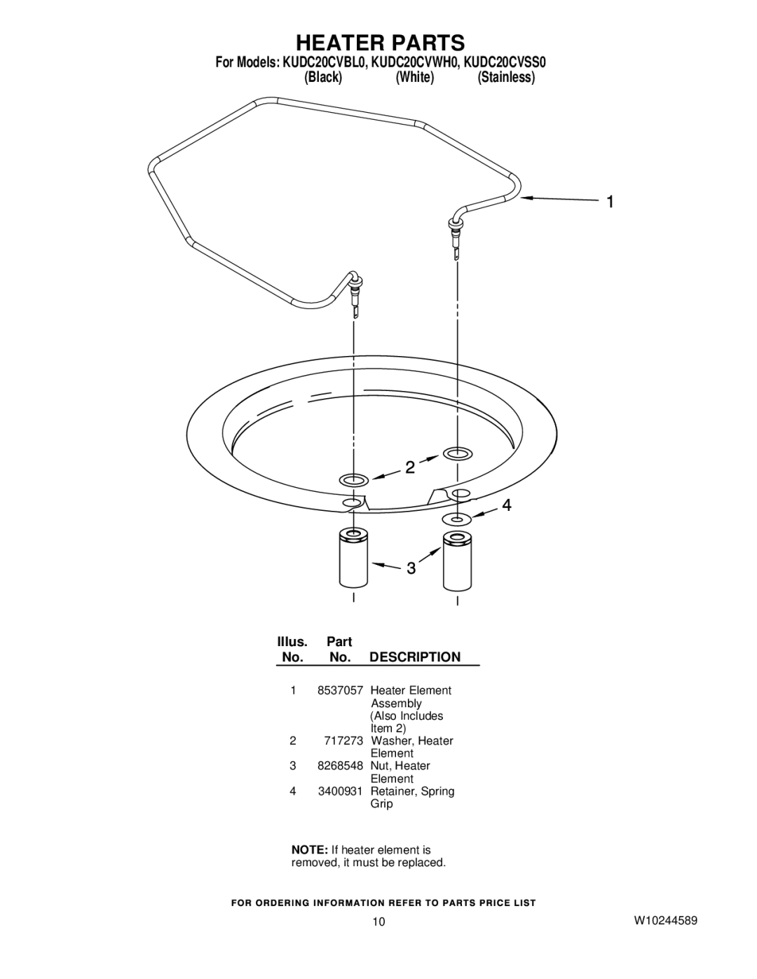 KitchenAid KUDC20CVSS0, KUDC20CVBL0, KUDC20CVWH0, W10244589 manual Heater Parts 