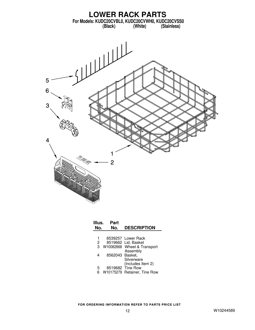 KitchenAid KUDC20CVBL0, KUDC20CVWH0, KUDC20CVSS0, W10244589 manual Lower Rack Parts 