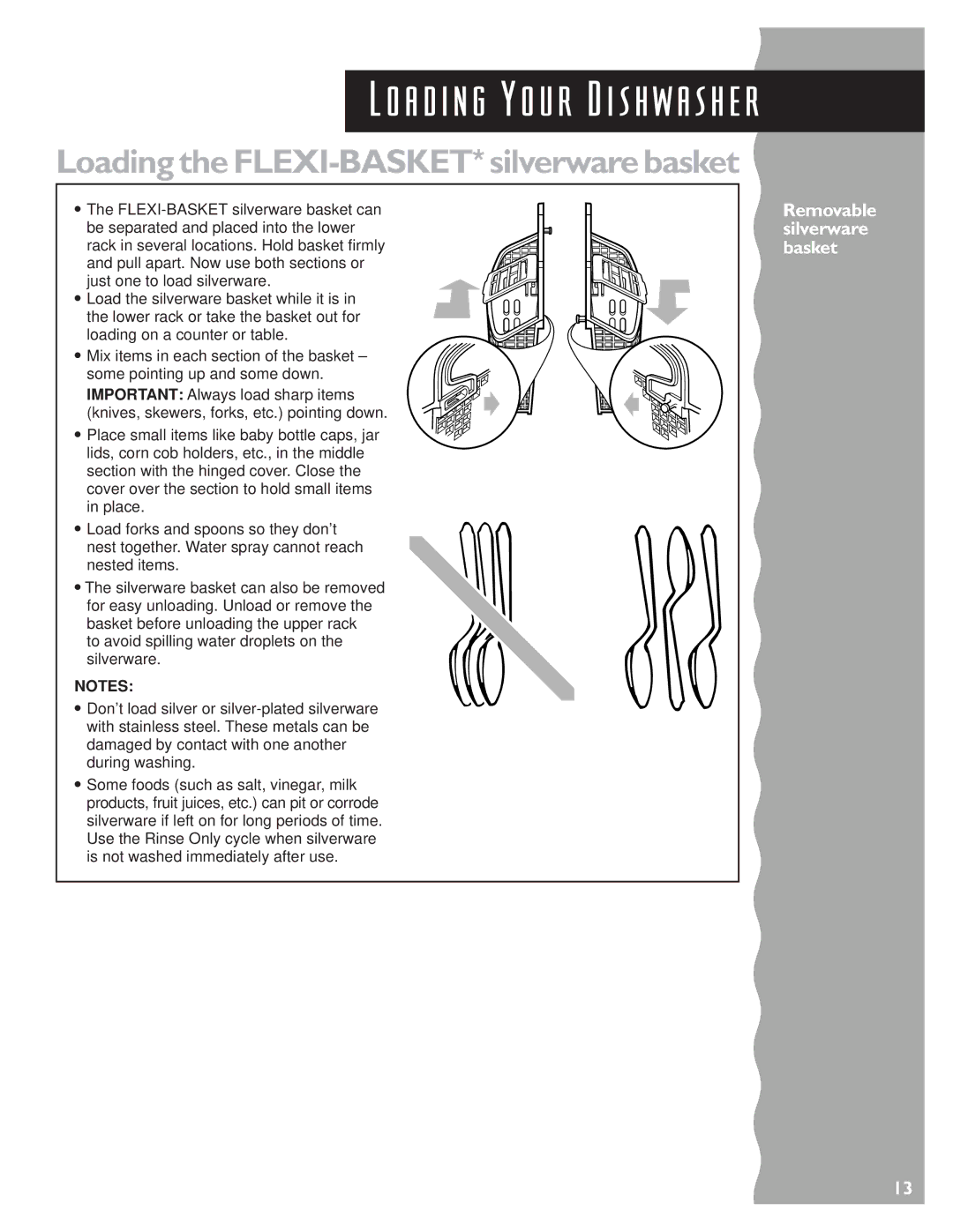 KitchenAid KUDS24SE, KUDC24SE warranty Loading the FLEXI-BASKET*silverware basket, Removable silverware basket 